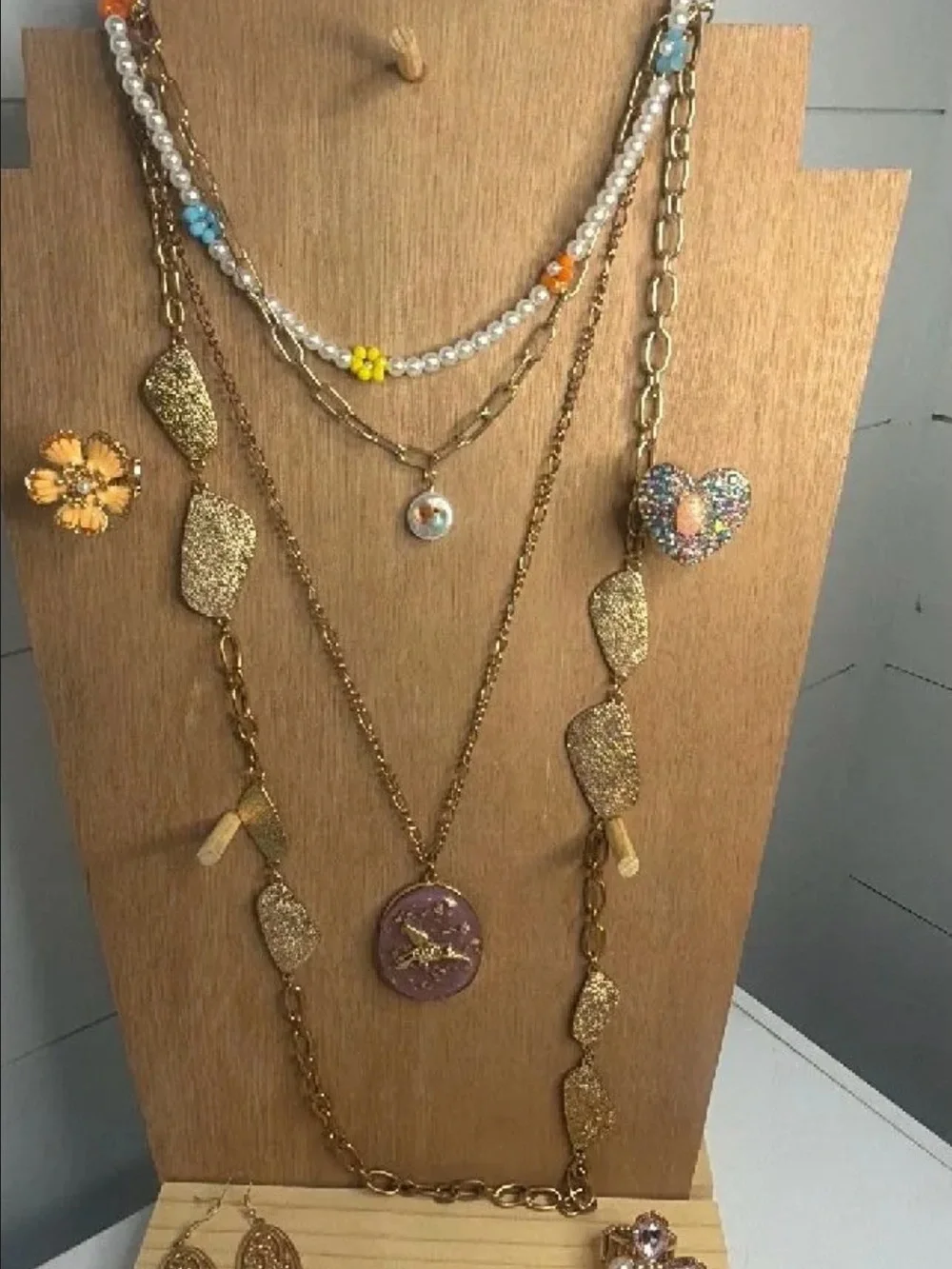 paparazzi Gold Multi-Layer Necklace Set with Pastel Blue Yellow Orange Accents
